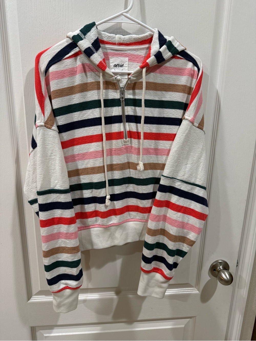 aerie Striped Half-Zip Hoodie Sweatshirt - White, Red, Pink, Navy, Green, Brown